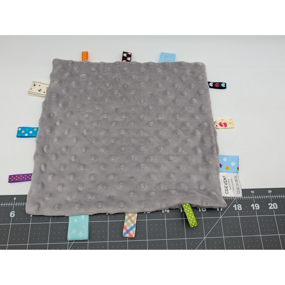 Crevent Baby Sensory Lovey Blanket Gray Minky Dot Ribbon Oeko Tex Tags Toy